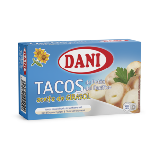 Vista frontal Tacos de potón del pacífico en aceite de girasol 106g