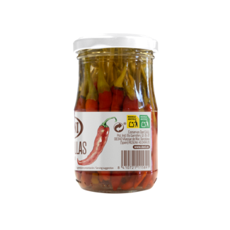 Vista lateral esquerdo Chili inteiro em vinagre 185g